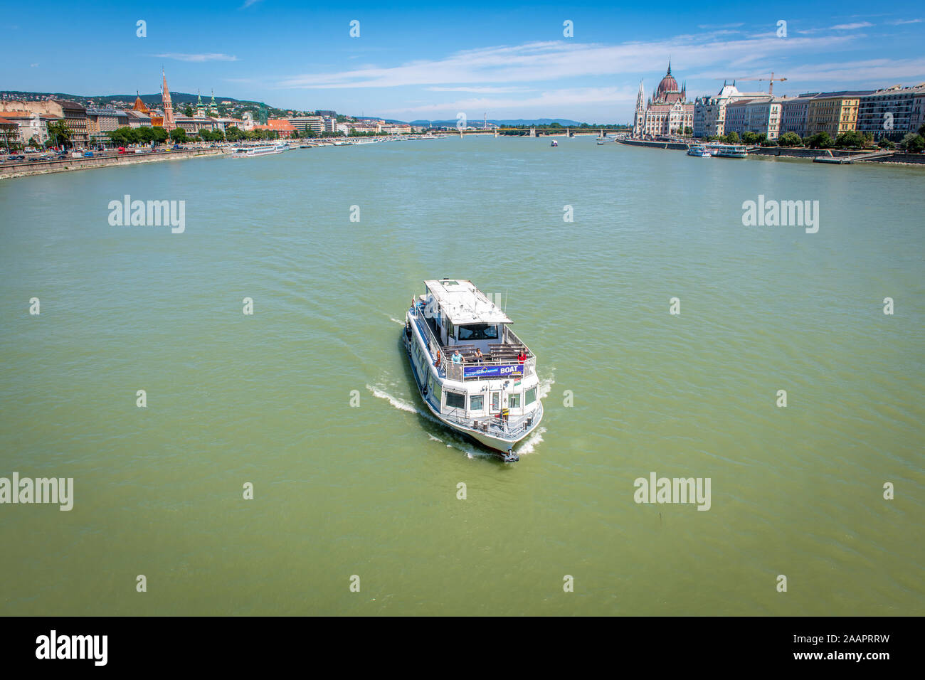 A river boat tour on the Danube river, Budapest, Hungary Stock Photo