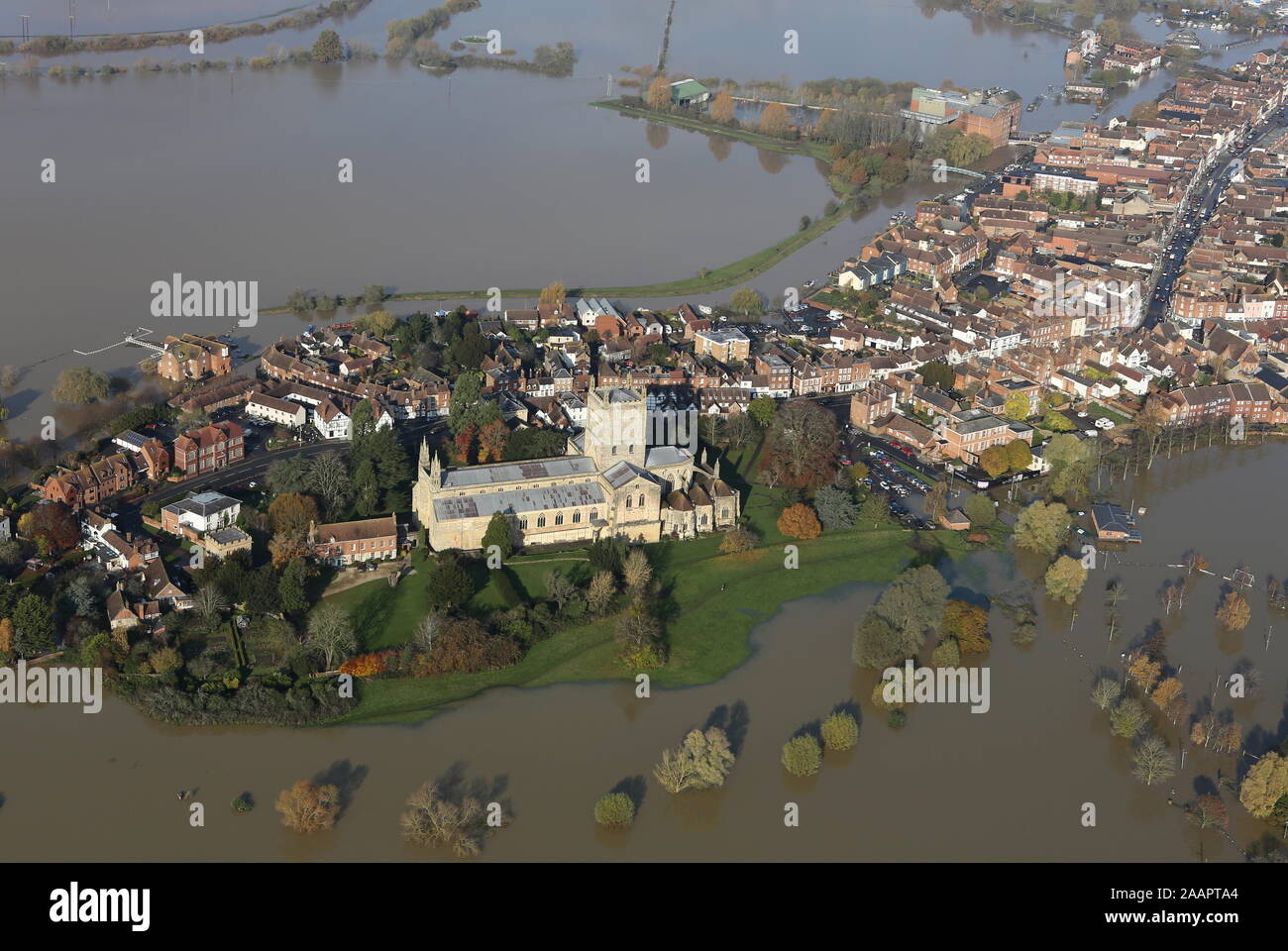 During November 2019, the River Severn has been the subject of dramatic flooding with levels not seen since July 2007. Tewkesbury flooded as always. Stock Photo