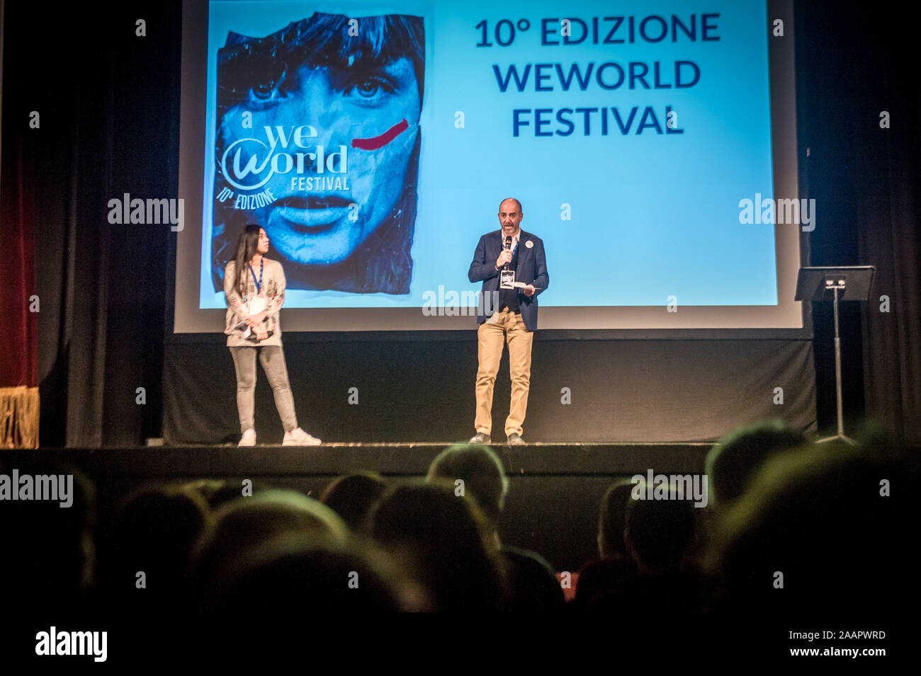 Milan, Italy. 23rd November 2019. We World tenth edition Donne Violate with  Roberto Saviano Teatro Litta In the photo the president of WeWorld Onlus  Marco Chiesari (Carlo Cozzoli/Fotogramma, Milan - 2019-11-23) p.s.
