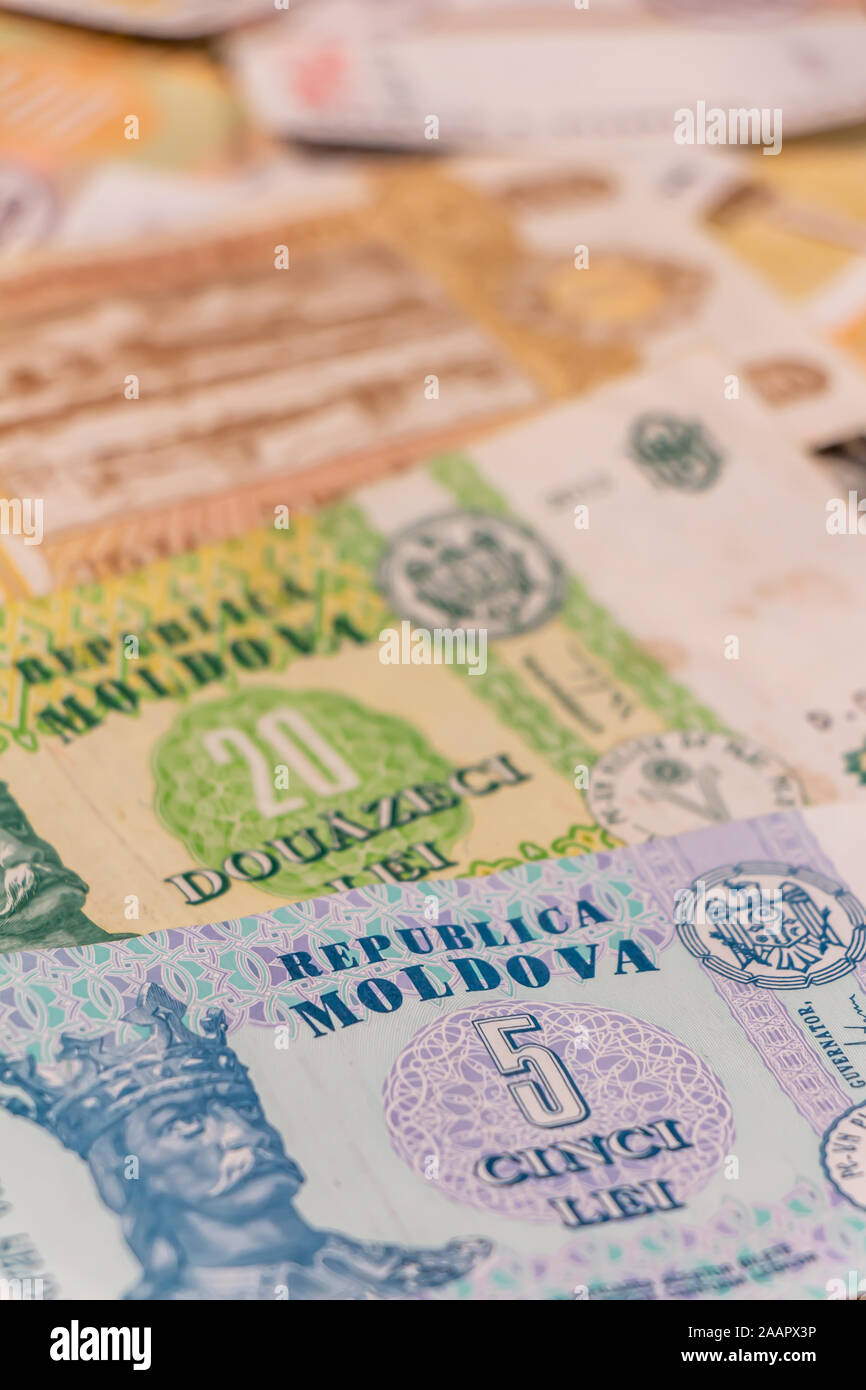 A composition of Moldovan leu. MDL banknotes providing great options to be used for illustrating subjects as business, banking, media, etc. Stock Photo