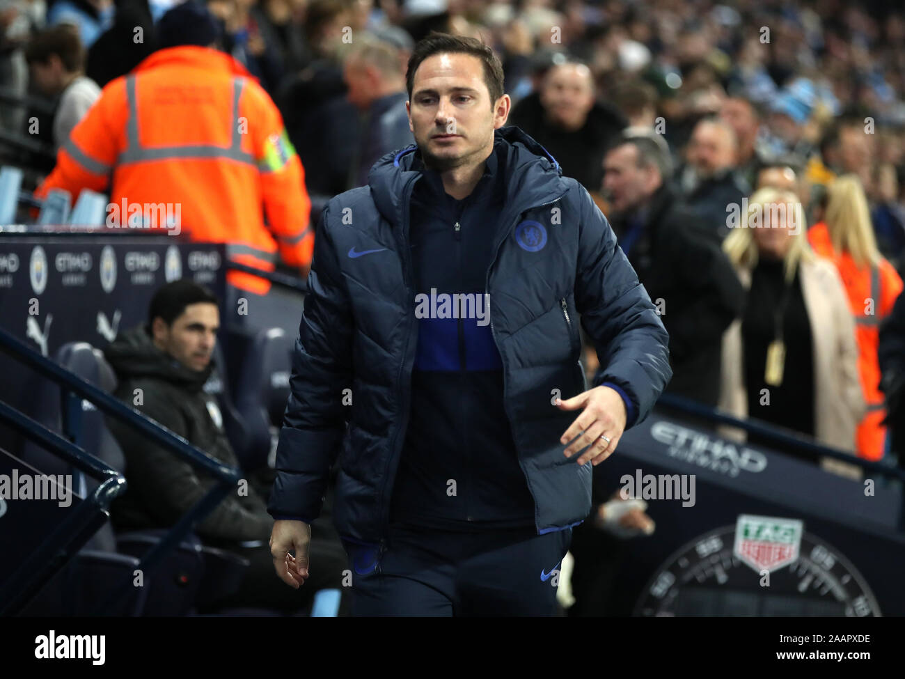Chelsea manager Frank Lampard during the Premier League match at the Etihad Stadium, Manchester. Stock Photo