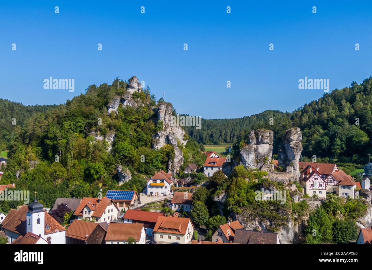 Aerial view of the Tuechersfeld village, a symbol of Franconian Switzerland in Germany Stock Photo