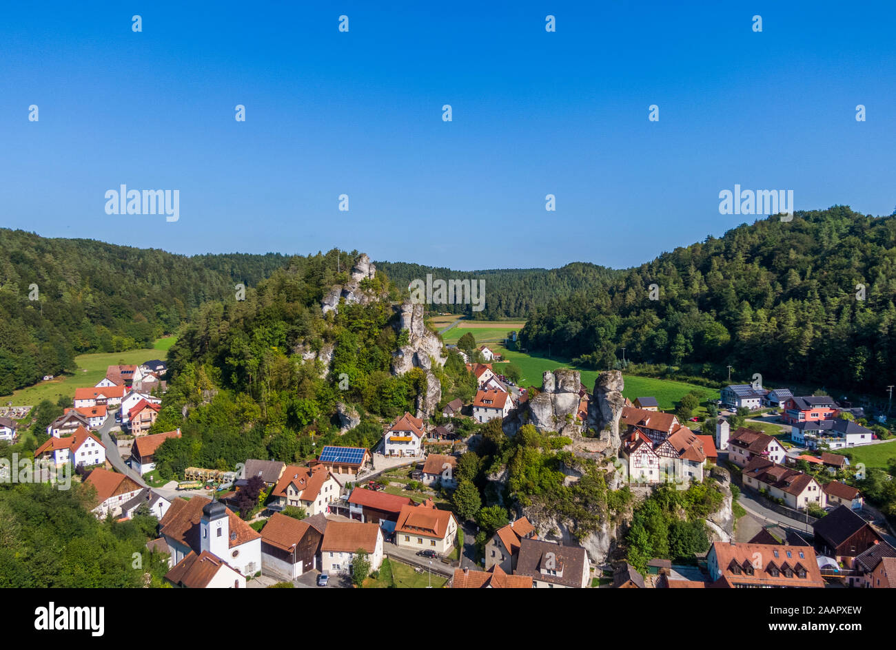 Aerial view of the Tuechersfeld village, a symbol of Franconian Switzerland in Germany Stock Photo