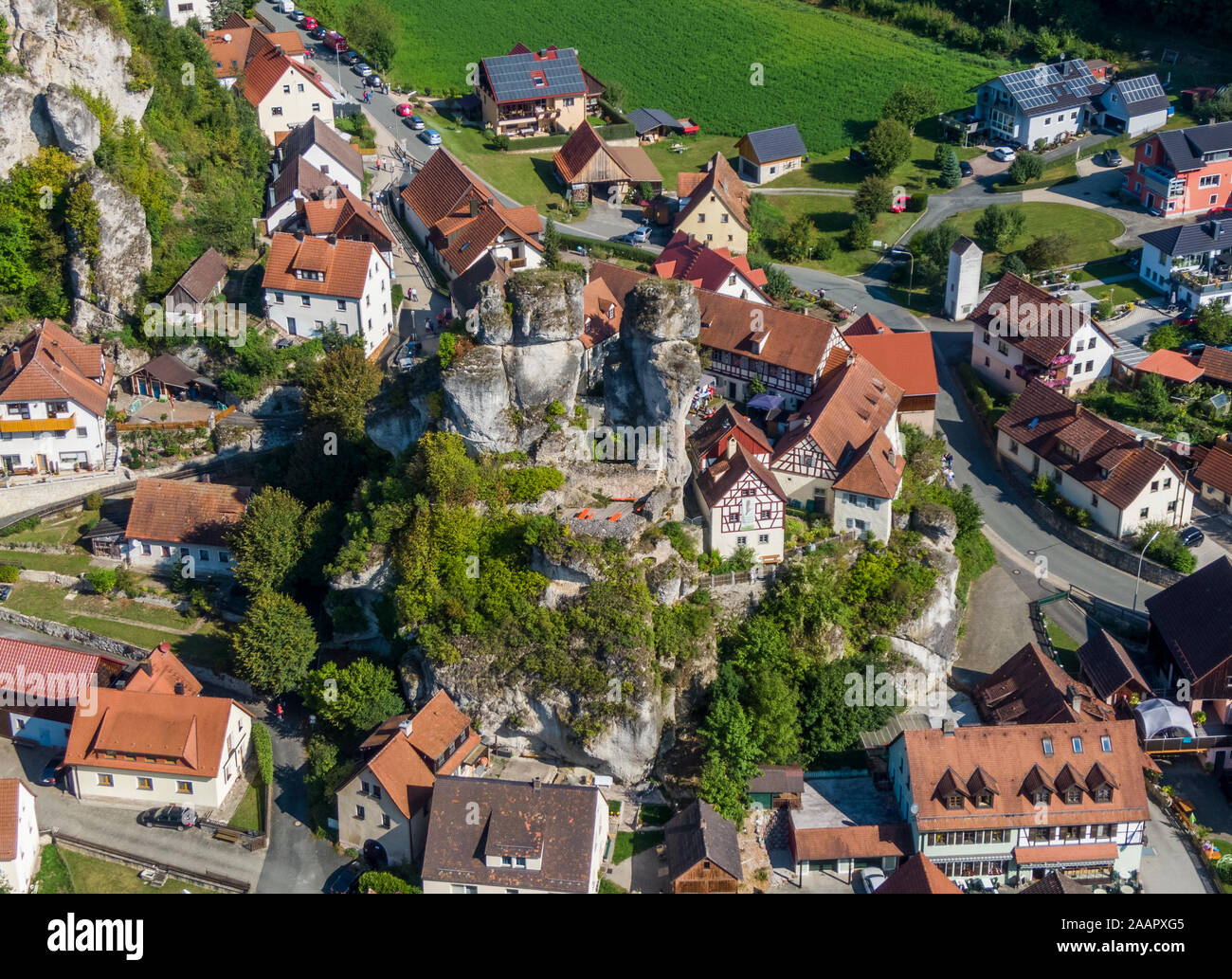 Aerial view of the Tuechersfeld village, a symbol of Franconian Switzerland in Germany Stock Photo