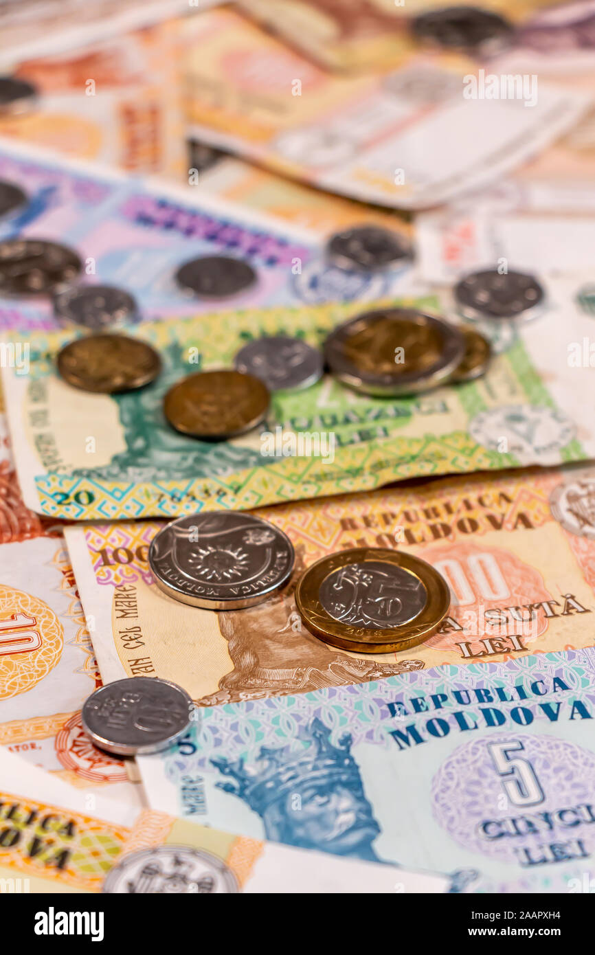 A composition of Moldovan leu. MDL banknotes and coins providing great options to be used for illustrating subjects as business, banking, media, prese Stock Photo