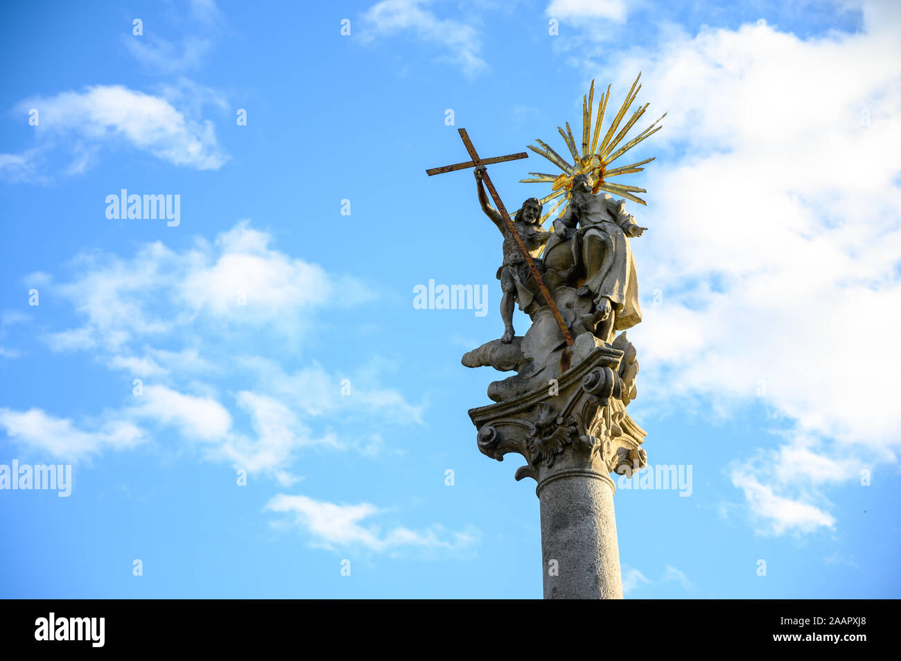 'Morovy stlp' (The Plague Column) from 1713 commemorating the end of the plague epidemic. The baroque column depicting the Holy Trinity. Stock Photo