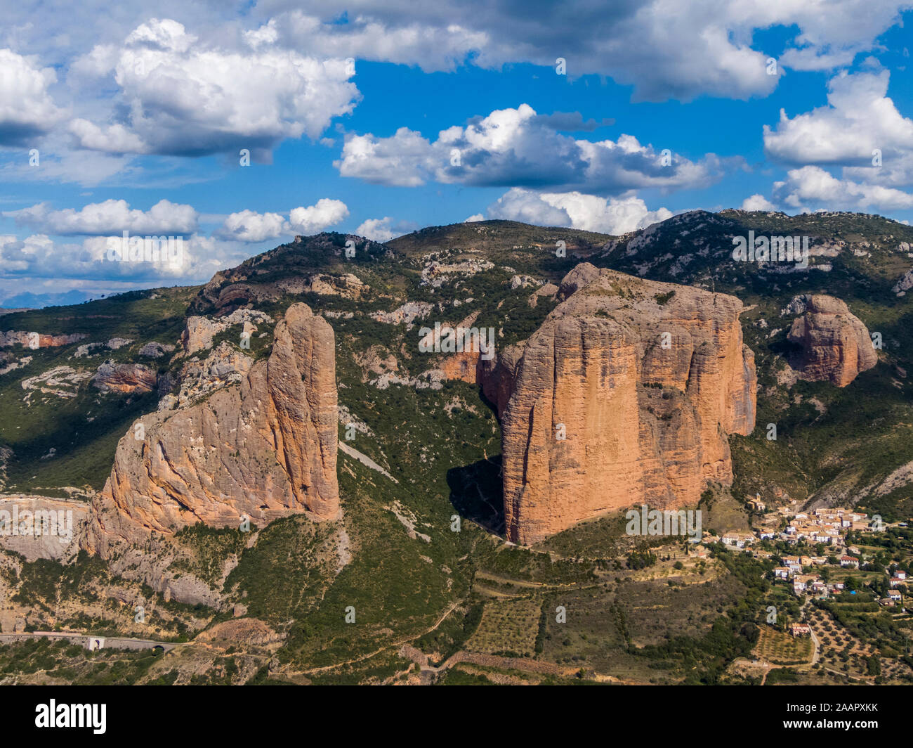 Aerial view of the Mallos de Riglos, a set of conglomerate rock formations in Spain Stock Photo