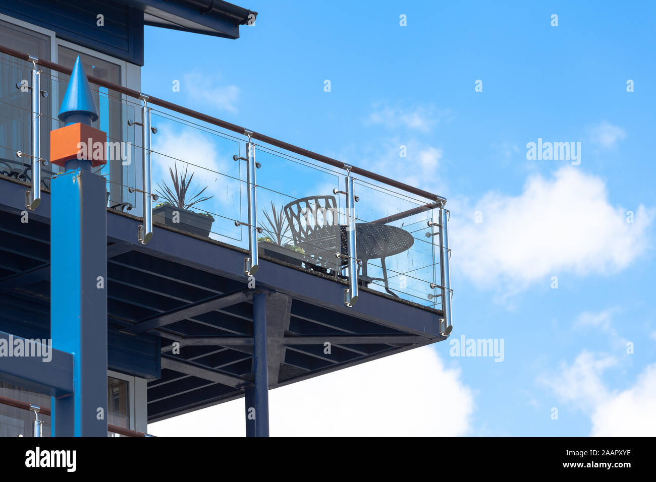 Balcony with seating in flat overlooking Exmouth Marina Stock Photo