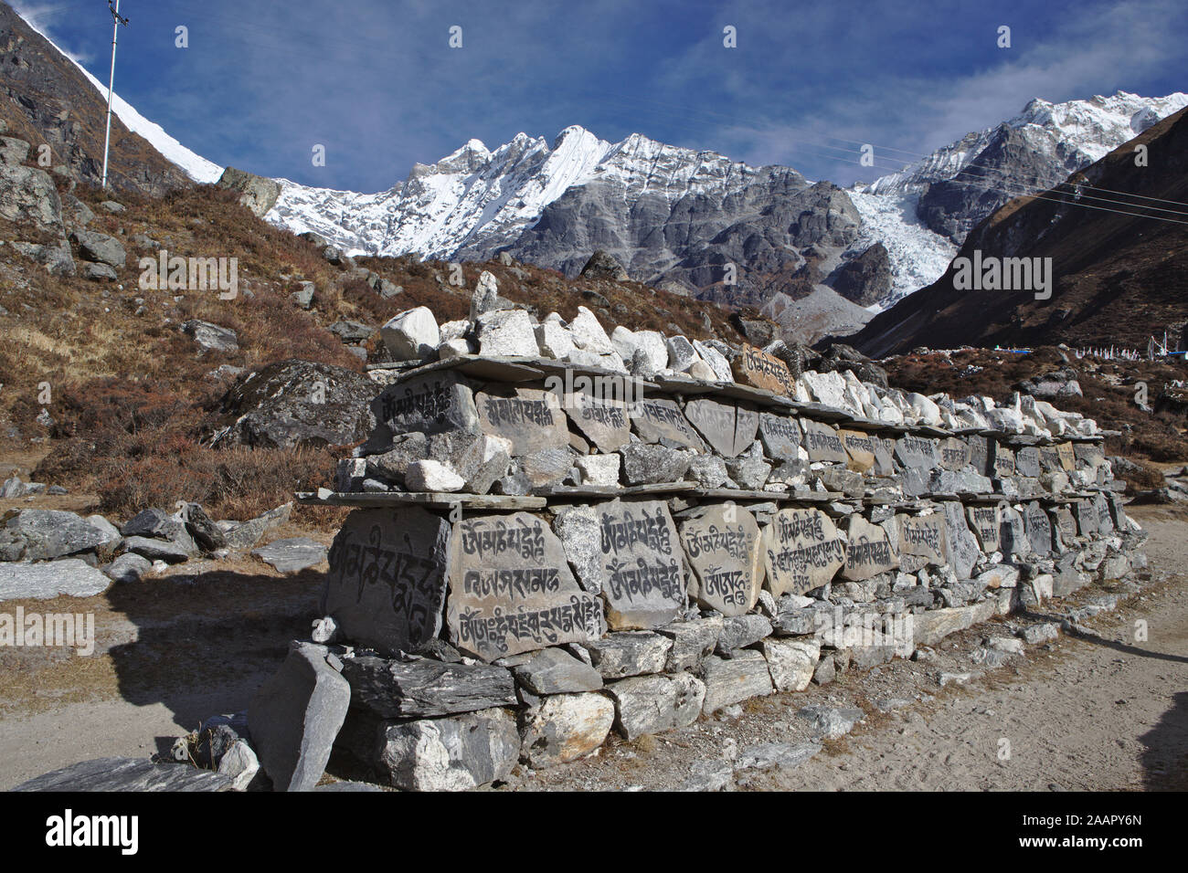 Carvings on stones along the Langtang valley with snow capped mountains in the background Stock Photo