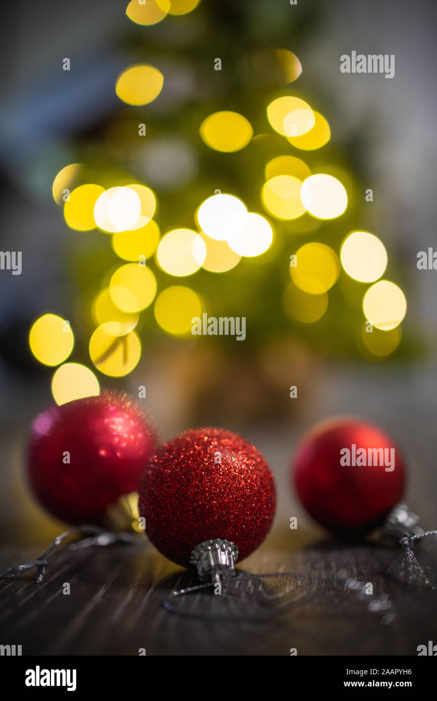 Christmas Decorations with lights in the background Stock Photo Alamy
