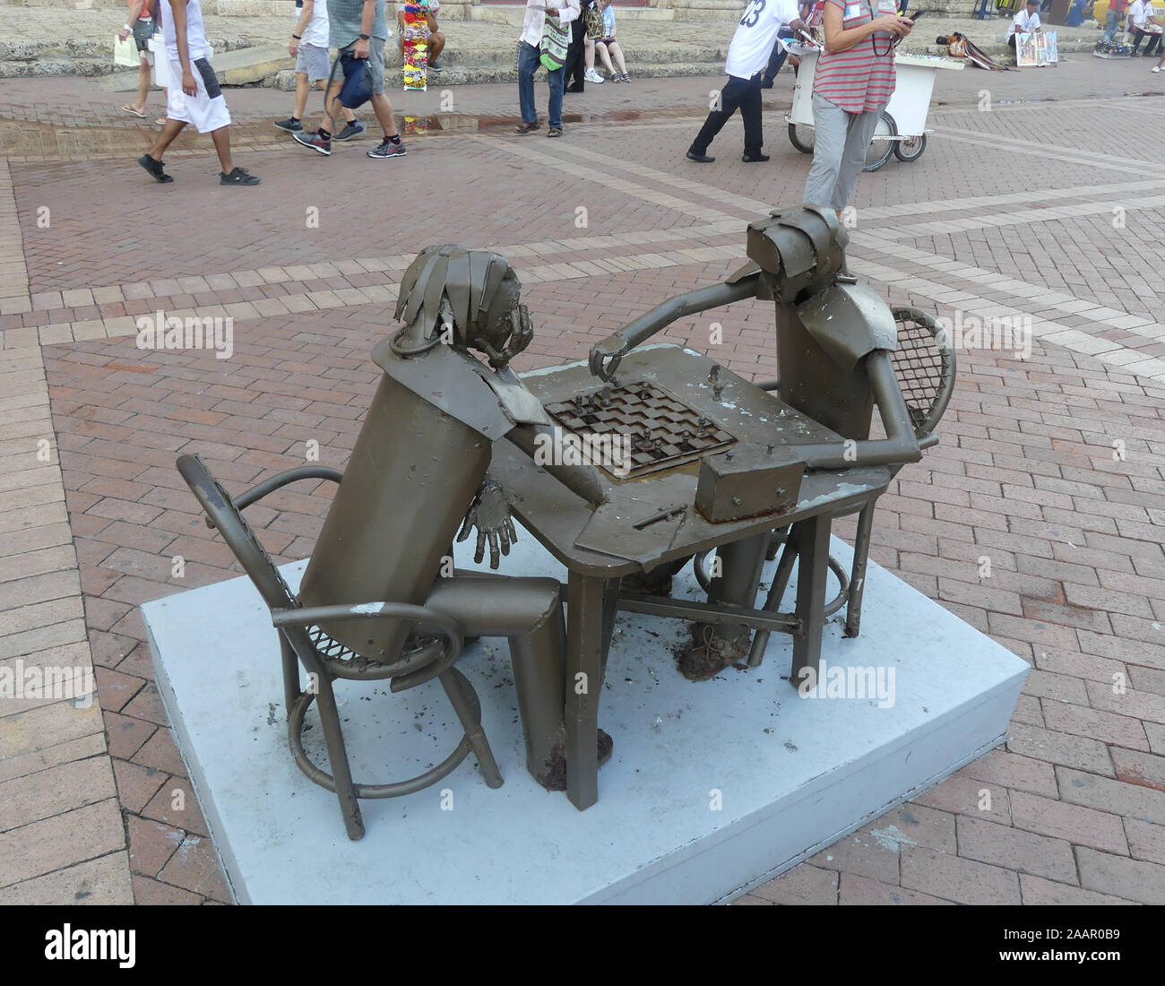 COLOMBIA, Cartagena. Metal chess sculptures in the old city. Photo: Tony Gale Stock Photo