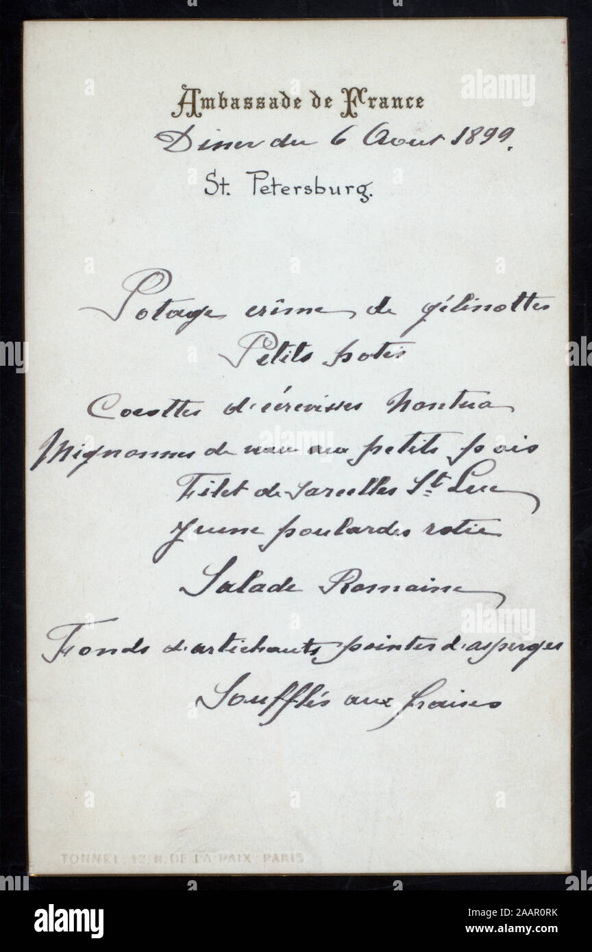 DINNER (held by) AMBASSADE DE FRANCE (at) ST PETERSBURG (RUSSIA) (OTHER (EMBASSY);) HANDWRITTEN; PLACE IN FNB'S WRITING ONLY AS ST. PETESBURG; DINNER [held by] AMBASSADE DE FRANCE [at] ST. PETERSBURG (RUSSIA?) (OTHER (EMBASSY?);) Stock Photo
