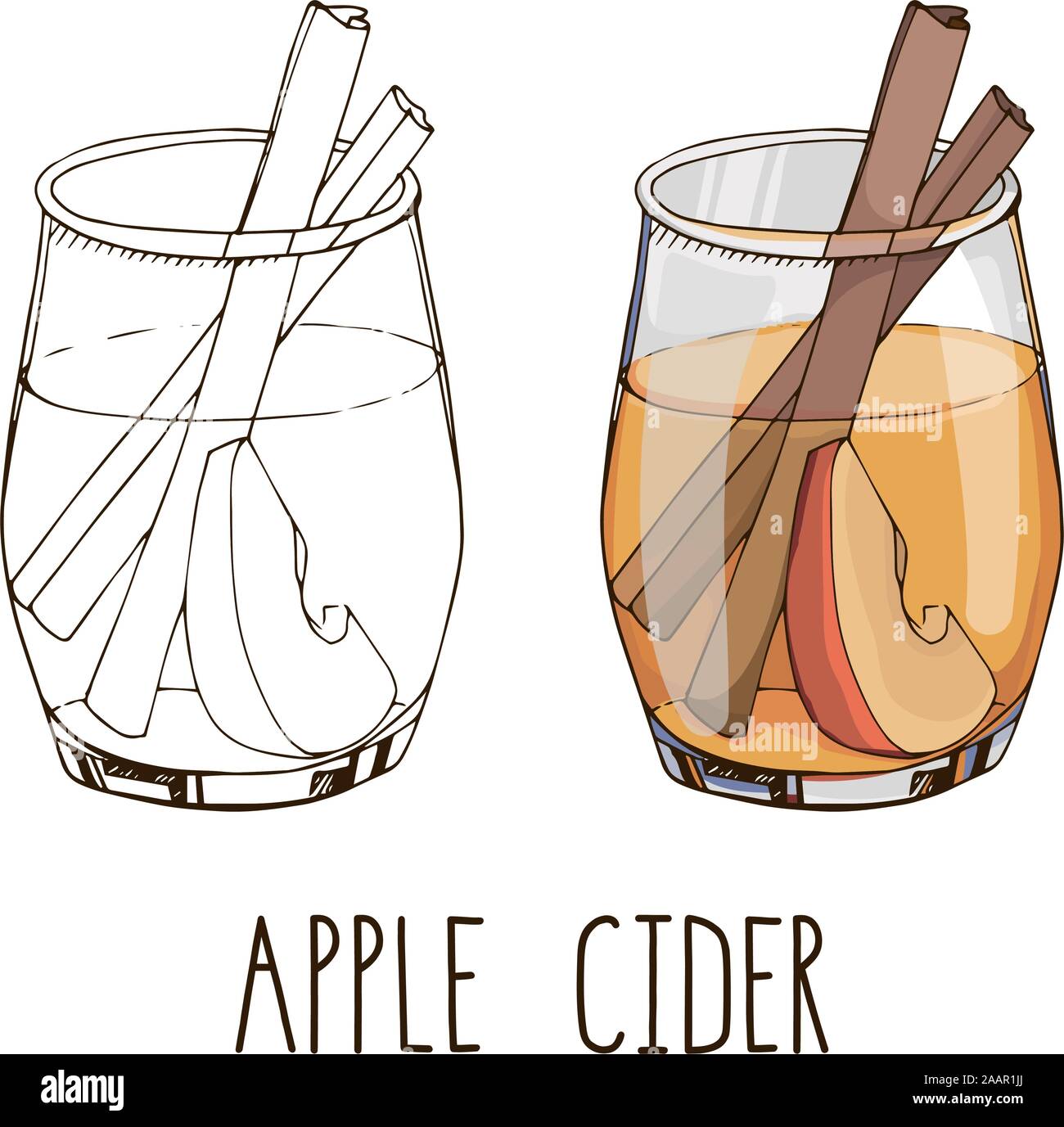 Set of hand drawn vector images isolated on white background. Apple cider with spices and fruit slices. Popular hot winter drink. Christmas cocktail. Stock Vector