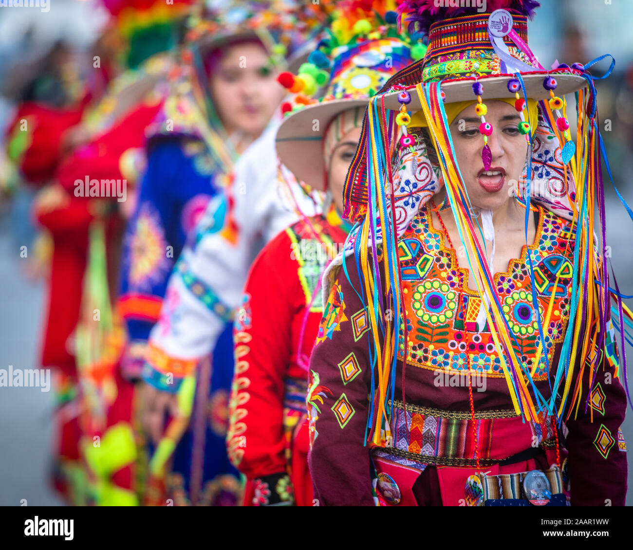Chileans participating in traditional festival costumes, Valparaiso, Chile. Stock Photo
