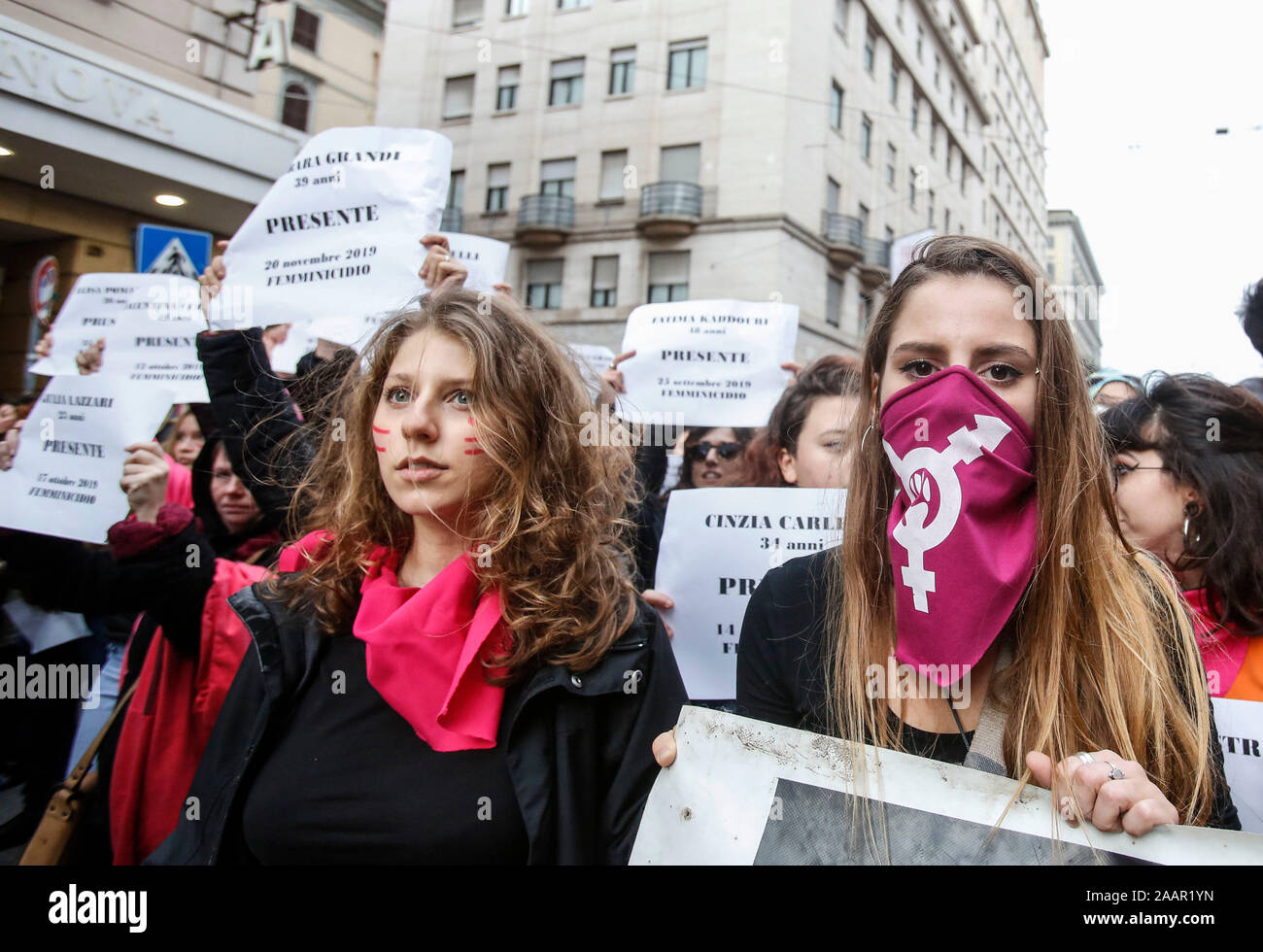 Rome, Italy, 23 Nov 2019. Protesters hold signs reading names and ages of femicide victims during the demonstration against male violence on women. Credit: Riccardo De Luca - Update Images/Alamy Live News Credit: Update Images/Alamy Live News Stock Photo