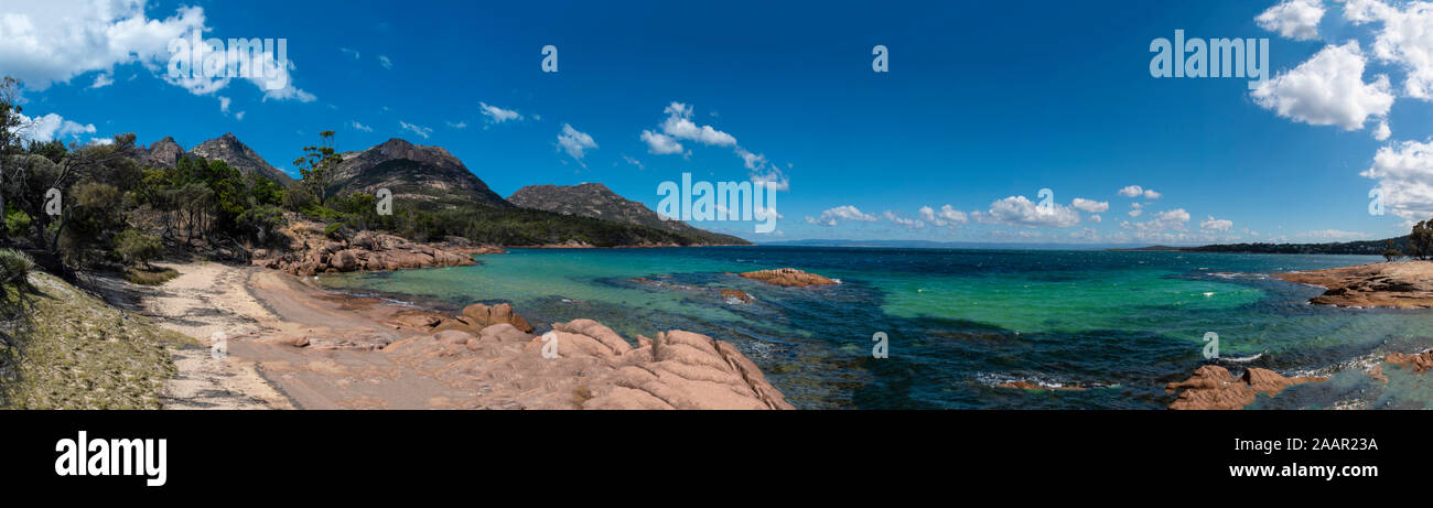 Panoramic view of Honeymoon Bay, Freycinet, Tasmania Stock Photo