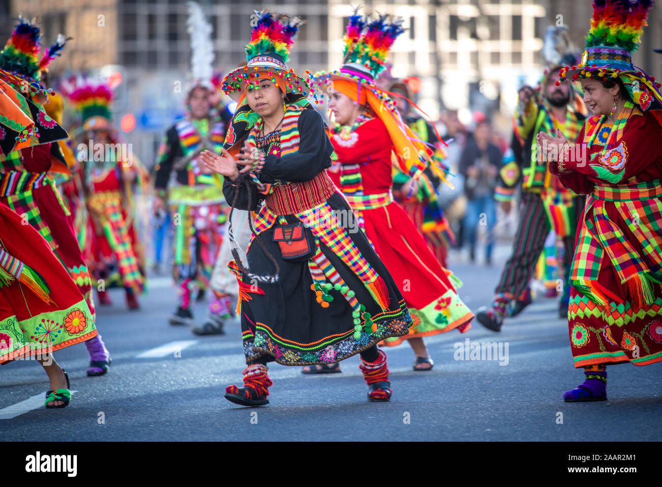 Chileans participating in traditional festival costumes, Valparaiso, Chile. Stock Photo