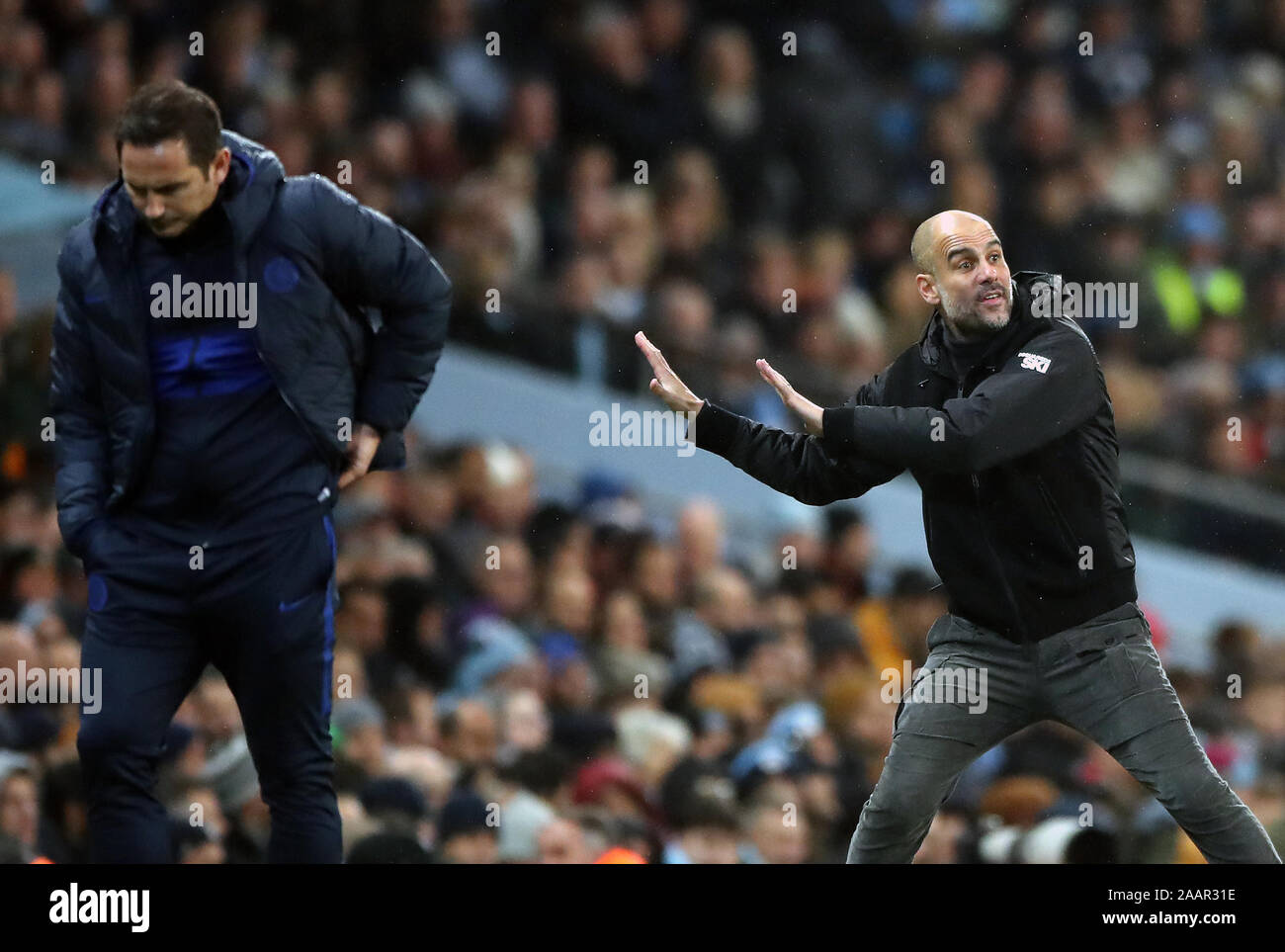 Manchester City manager Pep Guardiola during the Premier League match at the Etihad Stadium, Manchester. Stock Photo
