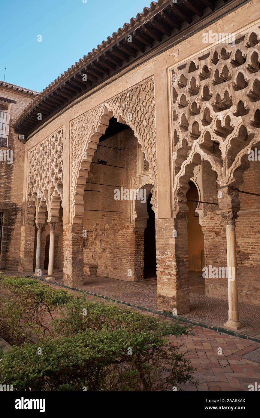 Patio del yeso, 12th century. Part of the almohad palace. Alcázar of Seville, Andalusia, Spain. Stock Photo