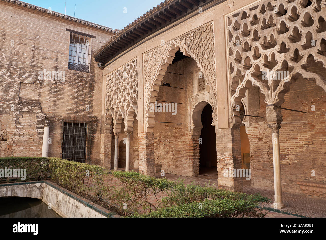 Patio del yeso, 12th century. Part of the almohad palace. Alcázar of Seville, Andalusia, Spain. Stock Photo