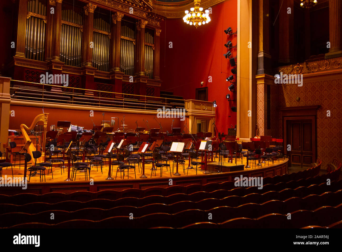 Interior Of Rudolfinum Concert Hall. Equipment Of The Orchestra In 