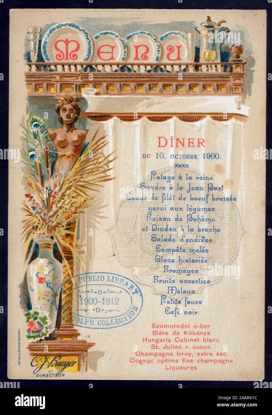 DINNER (held by) GRAND HOTEL (at) BUDAPEST, HUNGARY (HOTEL;) MENU IN  FRENCH,WINES INCLUDED;; DINNER [held by] GRAND HOTEL [at] BUDAPEST, HUNGARY  (HOTEL Stock Photo - Alamy