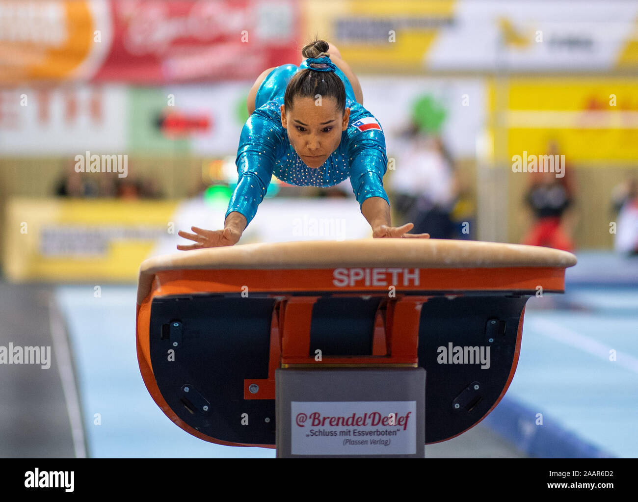 Cottbus, Germany. 23rd Nov, 2019. Gymnastics: World Cup, 44th International Tournament of Champions, Women's Final: Gymnast Makarena Pinto Adasme from Chile jumping. Credit: Monika Skolimowska/dpa-Zentralbild/dpa/Alamy Live News Stock Photo
