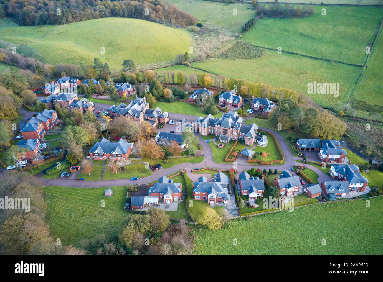 Quarriers Village countryside rural village aerial view from above in