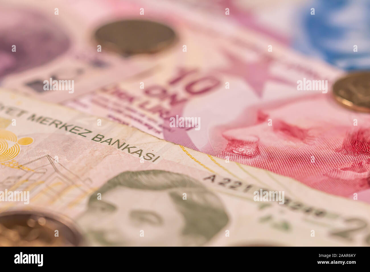 A composition of Turkish lira TL. TRY banknotes and coins providing great options to be used for illustrating subjects as business, banking, media, pr Stock Photo