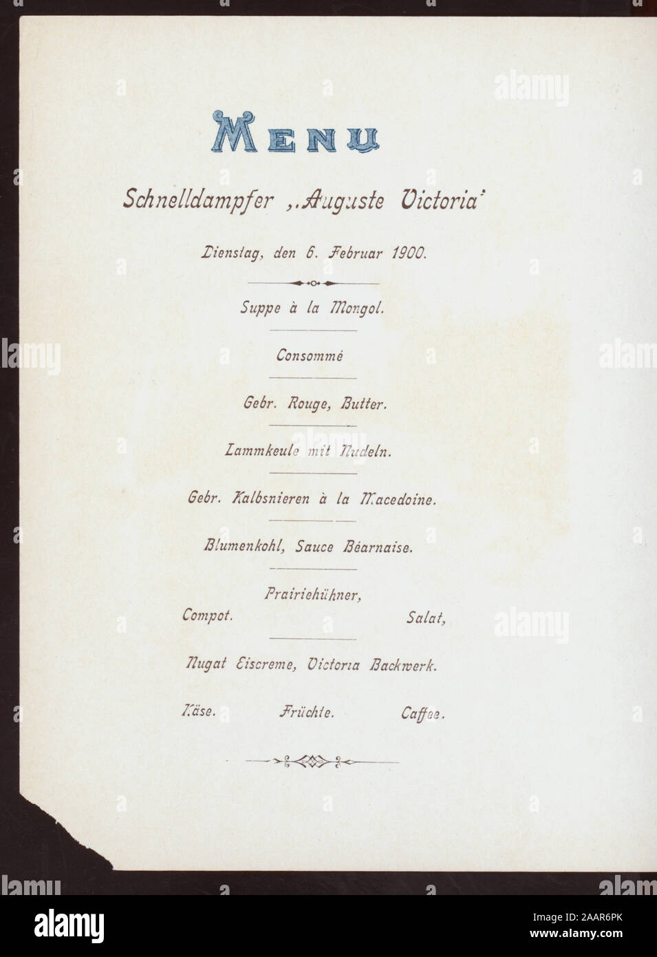 DINNER (held by) HAMBURG AMERIKA LINIE (at) SCHNELLDAMFERS AUGUSTE VICTORIA (SS;) ILLUS, ALGIERS IN BACKGROUND; SAILING SHIPS IN FOREGROUND; CONCERT PROGRAMM LISTED;; DINNER [held by] HAMBURG AMERIKA LINIE [at] SCHNELLDAMFERS AUGUSTE VICTORIA (SS;) Stock Photo