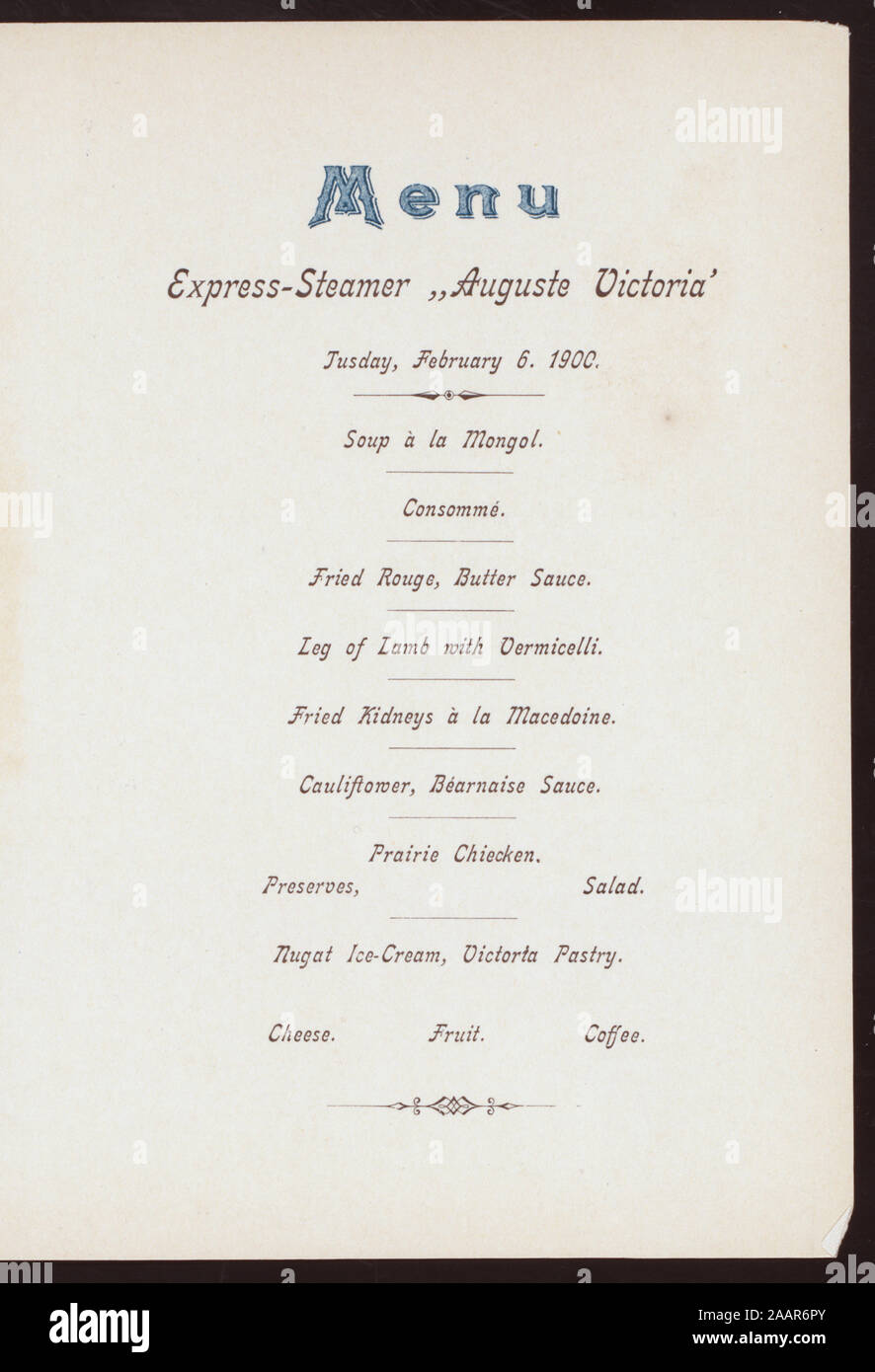 DINNER (held by) HAMBURG AMERIKA LINIE (at) SCHNELLDAMFERS AUGUSTE VICTORIA (SS;) ILLUS, ALGIERS IN BACKGROUND; SAILING SHIPS IN FOREGROUND; CONCERT PROGRAMM LISTED;; DINNER [held by] HAMBURG AMERIKA LINIE [at] SCHNELLDAMFERS AUGUSTE VICTORIA (SS;) Stock Photo