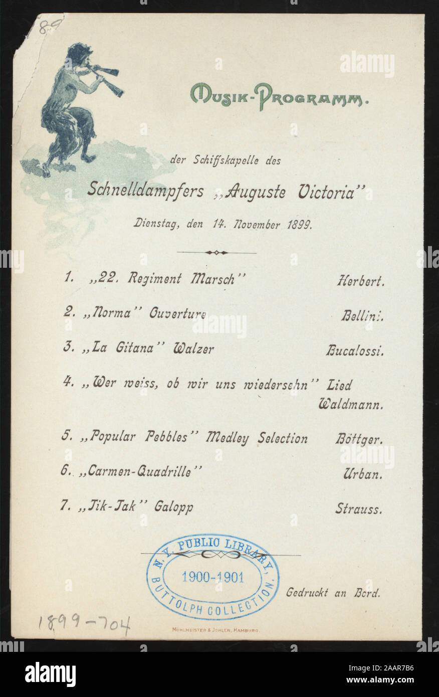 DINNER (held by) HAMBURG-AMERICA LINIE (at) EN ROUTE STEAMER AUGUST VICTORIA (SS;) GERMAN AND ENGLISH; COVER ILLUSTRATION OF STEAMSHP IN PORT; MUSICAL PROGRAM ON BACK COVER 1899-0704; DINNER [held by] HAMBURG-AMERICA LINIE [at] EN ROUTE STEAMER AUGUST VICTORIA (SS;) Stock Photo