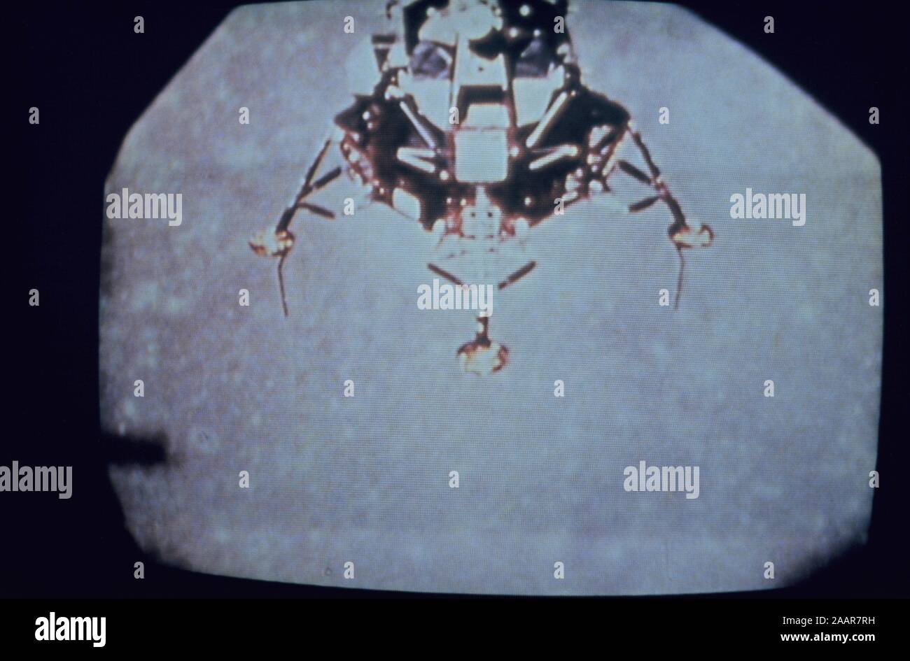 Teleclip - Apollo 11 Lunar Module Descent to Moon surface photo taken directly from TV screen circa 1969-1972, UK. Stock Photo