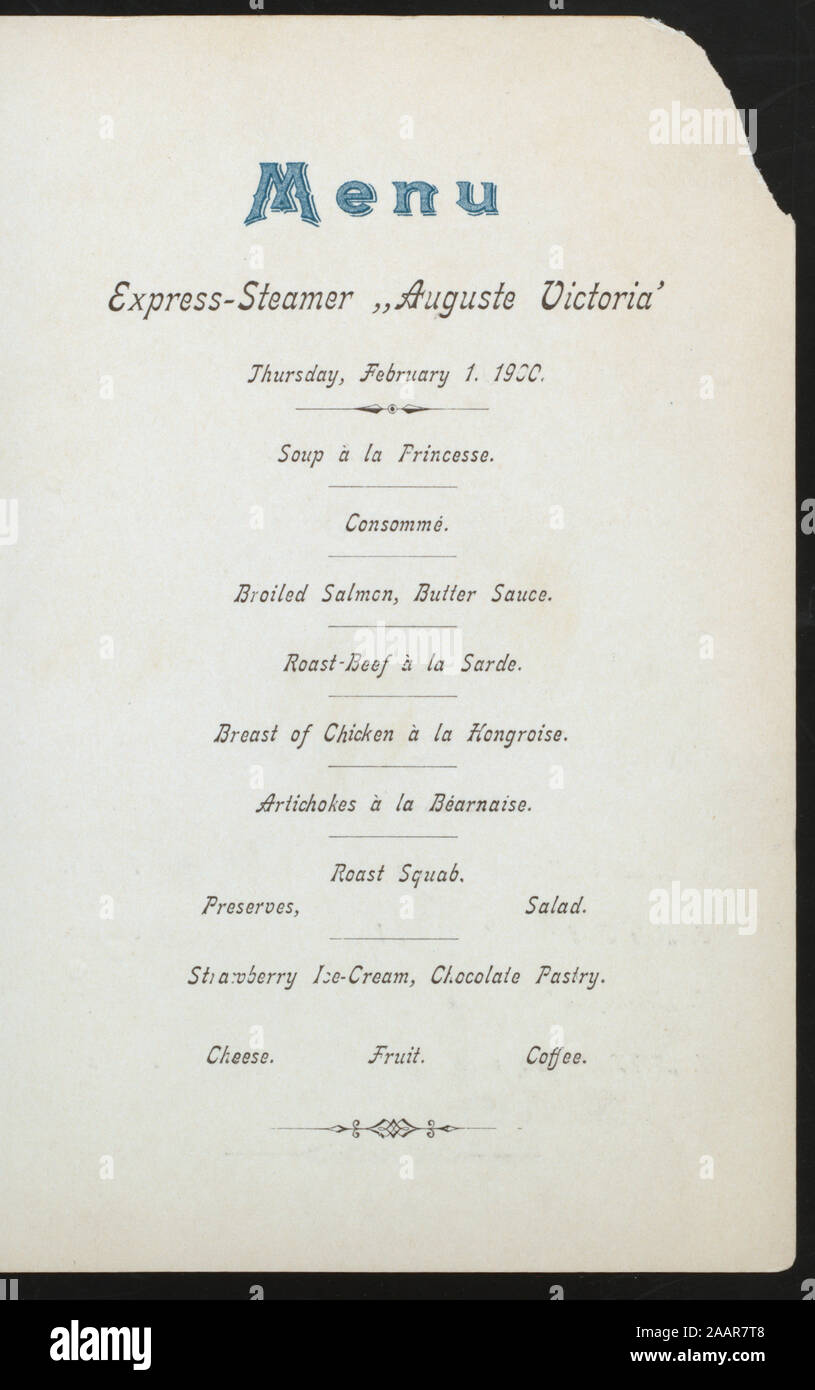 DINNER (held by) HAMBURG-AMERIKA LINIE (at) ABOARD ESPRESS STEAMER AUGUSTE VICTORIA (SS;) MENU IN GERMAN AND ENGLISH; MUSICAL PROGAM; ILLUSTATION OF MEDITERRANEAN SHORE 1900-0680; DINNER [held by] HAMBURG-AMERIKA LINIE [at] ABOARD ESPRESS STEAMER AUGUSTE VICTORIA (SS;) Stock Photo