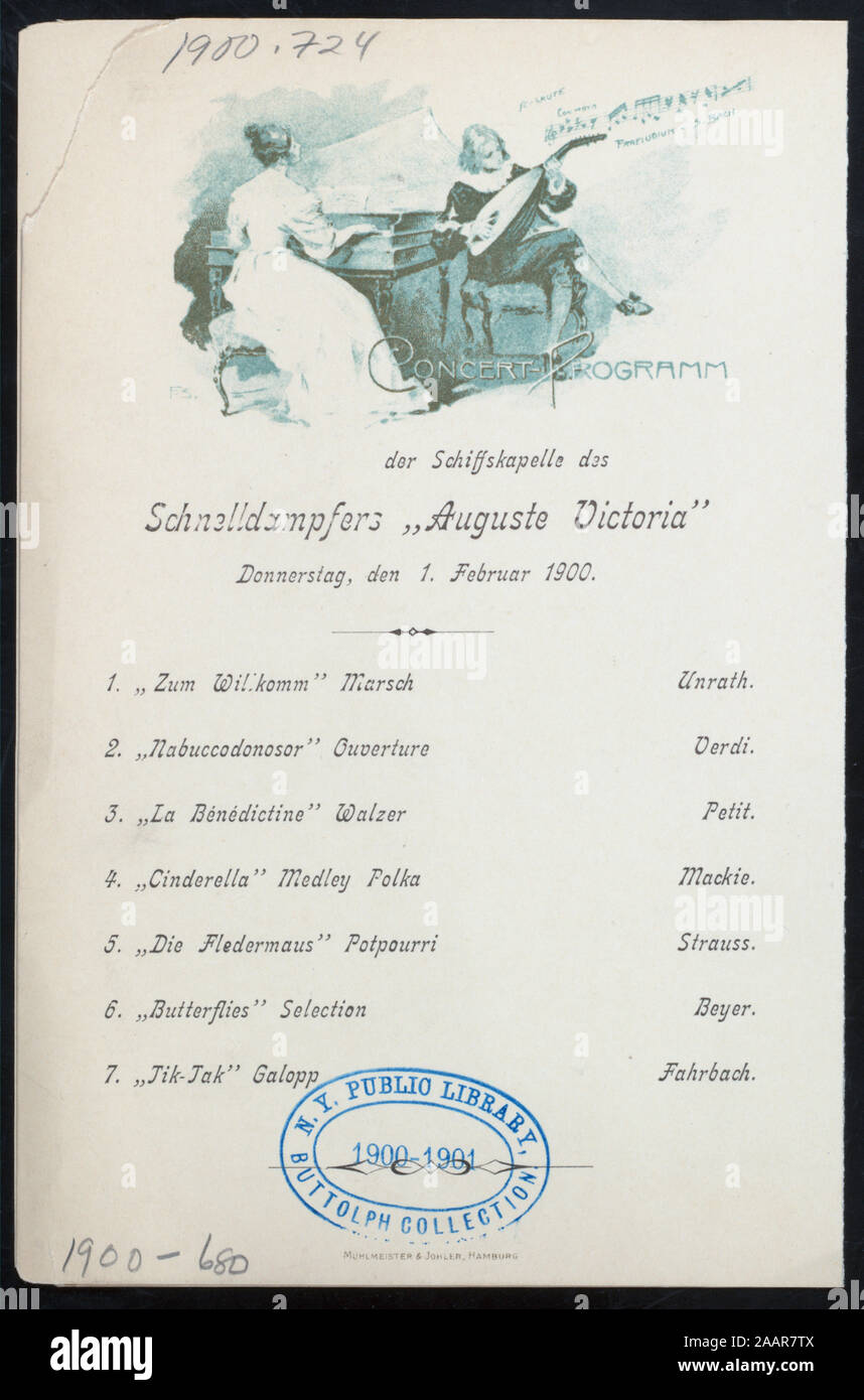 DINNER (held by) HAMBURG-AMERIKA LINIE (at) ABOARD ESPRESS STEAMER AUGUSTE VICTORIA (SS;) MENU IN GERMAN AND ENGLISH; MUSICAL PROGAM; ILLUSTATION OF MEDITERRANEAN SHORE 1900-0680; DINNER [held by] HAMBURG-AMERIKA LINIE [at] ABOARD ESPRESS STEAMER AUGUSTE VICTORIA (SS;) Stock Photo