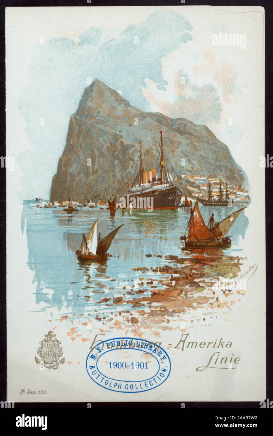 DINNER (held by) HAMBURG-AMERIKA LINIE (at) ABOARD ESPRESS STEAMER AUGUSTE VICTORIA (SS;) MENU IN GERMAN AND ENGLISH; MUSICAL PROGAM; ILLUSTATION OF MEDITERRANEAN SHORE 1900-0684; DINNER [held by] HAMBURG-AMERIKA LINIE [at] ABOARD ESPRESS STEAMER AUGUSTE VICTORIA (SS;) Stock Photo