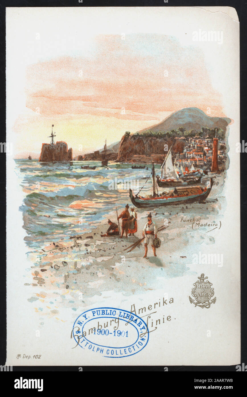 DINNER (held by) HAMBURG-AMERIKA LINIE (at) ABOARD ESPRESS STEAMER AUGUSTE VICTORIA (SS;) MENU IN GERMAN AND ENGLISH; MUSICAL PROGAM; ILLUSTATION OF MEDITERRANEAN SHORE 1900-0683; DINNER [held by] HAMBURG-AMERIKA LINIE [at] ABOARD ESPRESS STEAMER AUGUSTE VICTORIA (SS;) Stock Photo