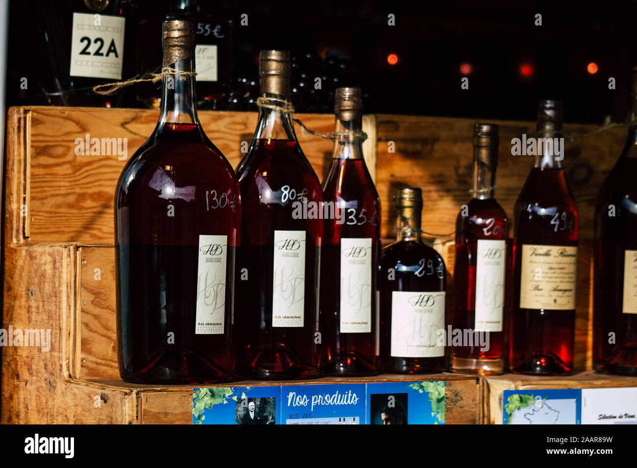 Reims France November 22, 2019 Closeup of various alcohol sold at the Christmas market of Reims in the afternoon Stock Photo