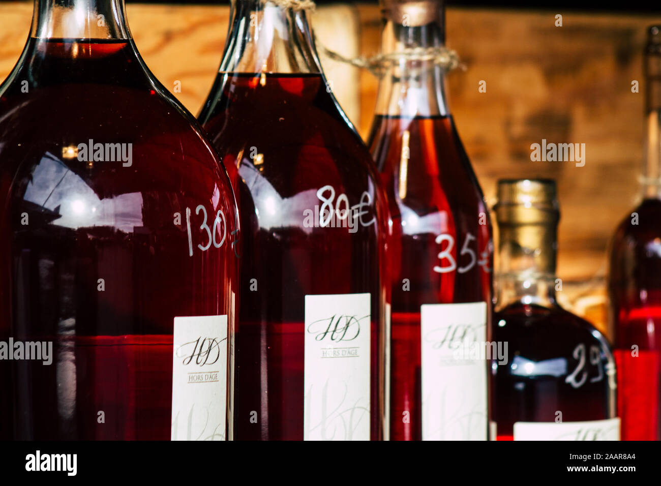 Reims France November 22, 2019 Closeup of various alcohol sold at the