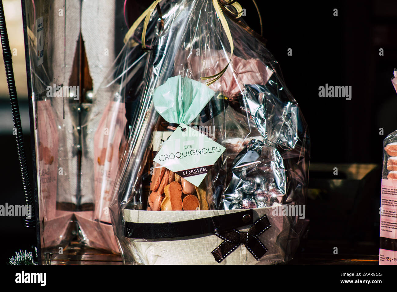 Reims France November 22, 2019 Closeup of pink biscuits Fossier sold at