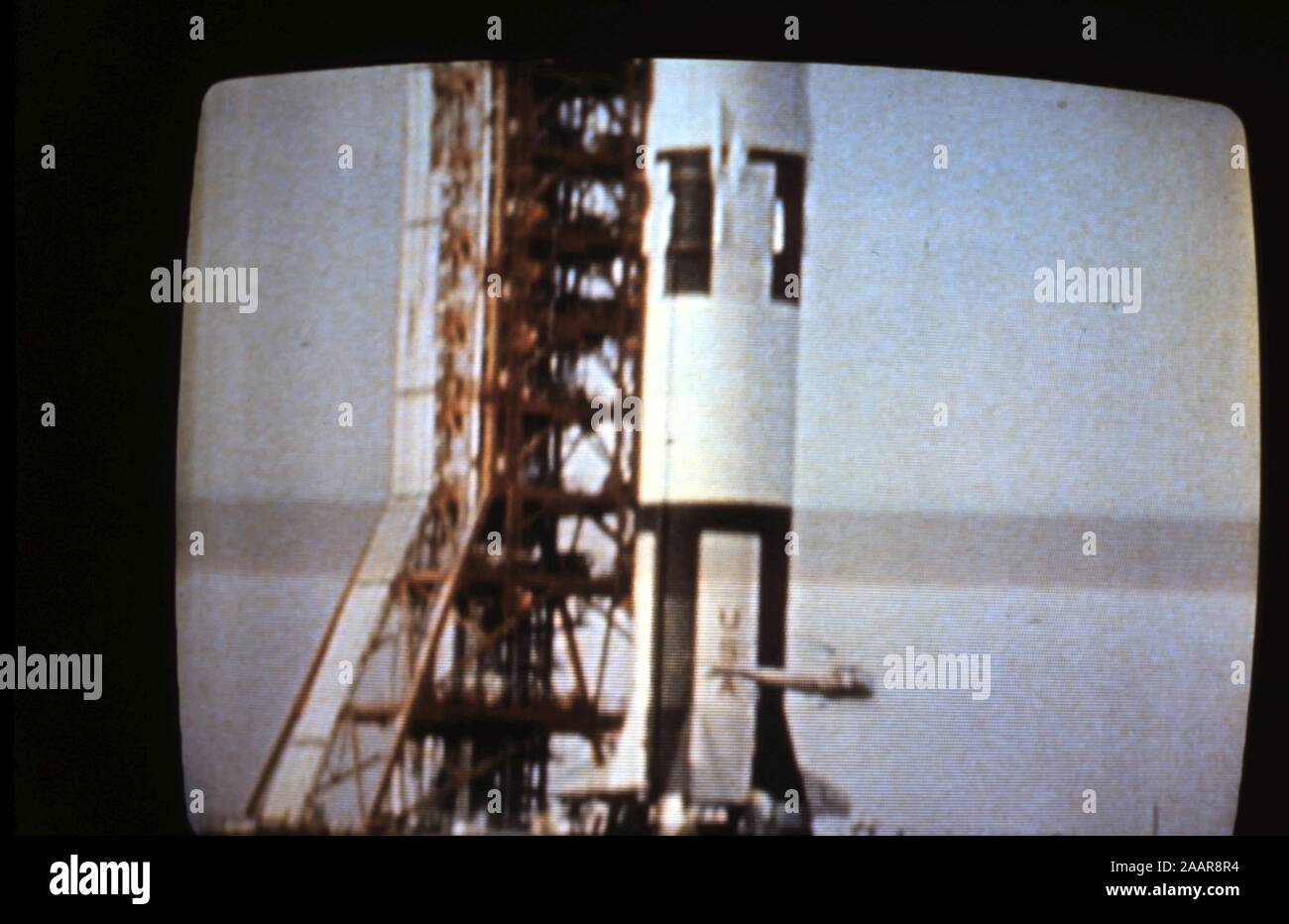 Teleclip Apollo 11 Saturn V rocket at Cape Canaveral; -photo taken directly from TV screen circa 1969-72 Stock Photo