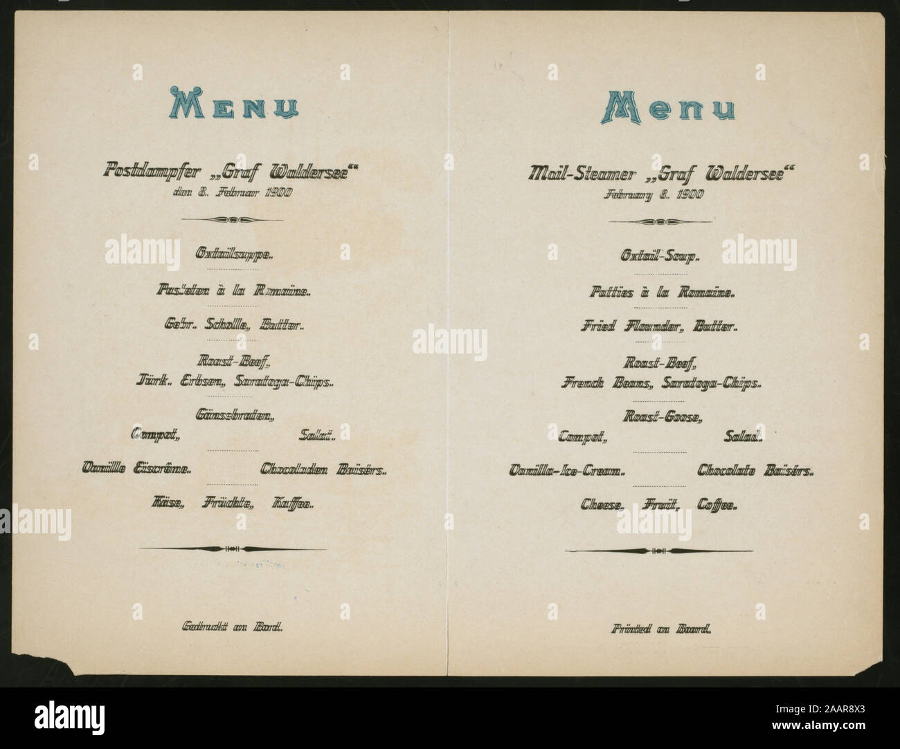 DINNER (held by) HAMBURG-AMERIKA LINIE (at) ON BOARD MAIL-STEAMER GRAF WALDERSEE (SS) MENU IN GERMAN & ENGLISH; CONCERT PROGRAM INCLUDED; DINNER [held by] HAMBURG-AMERIKA LINIE [at] ON BOARD MAIL-STEAMER GRAF WALDERSEE (SS) Stock Photo