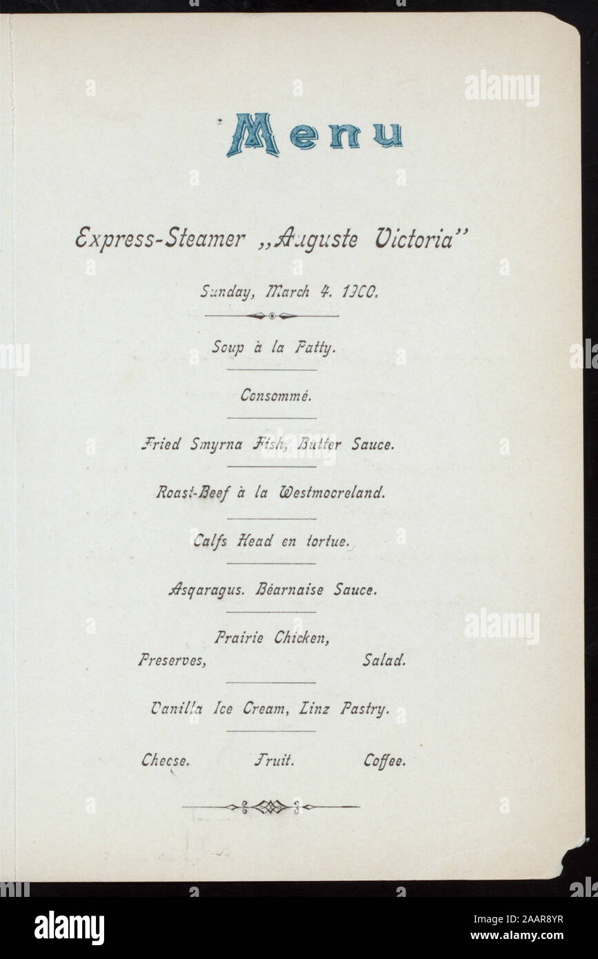 DINNER (held by) HAMBURG-AMERIKA LINIE (at) SCHNELLDAMPFER AUGUSTE VICTORIA (SS;) GERMAN & ENGLISH; MUSICAL PROGRAM ON BACK COVER, AS WELL AS SKETCH OF QUAY SCENE; 1900-2285; DINNER [held by] HAMBURG-AMERIKA LINIE [at] SCHNELLDAMPFER AUGUSTE VICTORIA (SS;) Stock Photo