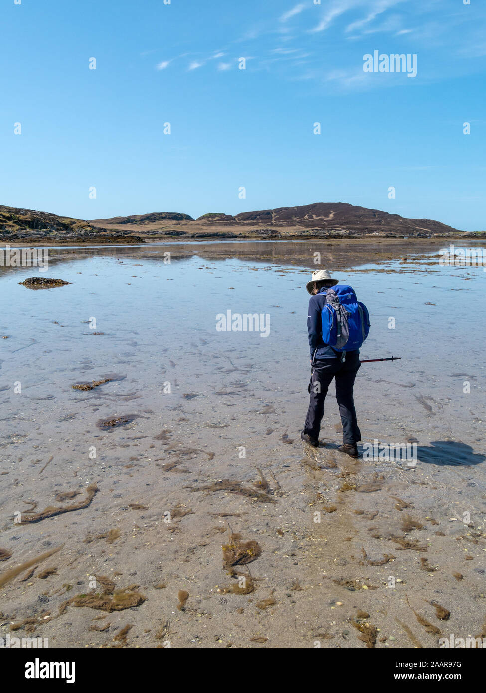 Holidaymaker walking from Colonsay to the tidal island of Oronsay across The Strand, a sandy causeway between the two Hebridean islands, Scotland, UK Stock Photo