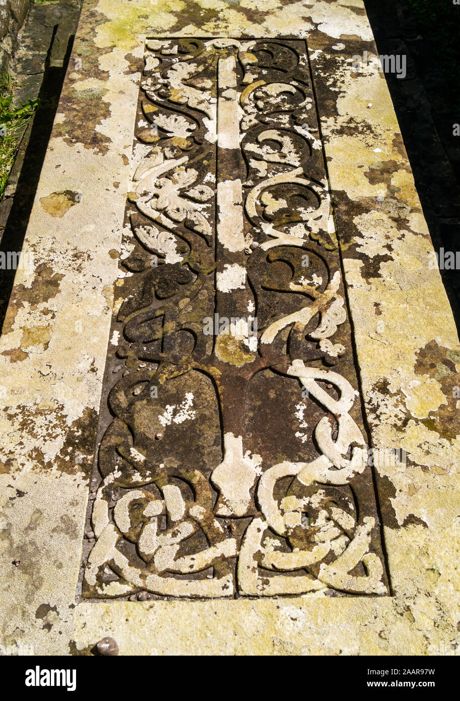 Old Celtic carved gravestone, covered in lichen, Oronsay Priory, Isle of Oronsay, Colonsay, Scotland, UK Stock Photo