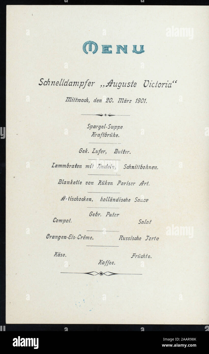 DINNER (held by) HAMBURG-AMERIKA LINIE (at) SCHNELLDAMPFER AUGUSTE VICTORIA (SS;) GERMAN & ENGLISH; ILLUSTRATION OF PALERMO; MUSICAL PROGRAM ON BACK 1901-0706; DINNER [held by] HAMBURG-AMERIKA LINIE [at] SCHNELLDAMPFER AUGUSTE VICTORIA (SS;) Stock Photo