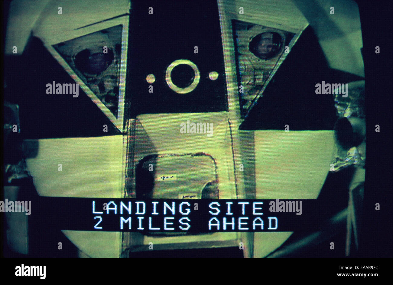 Teleclip - Apollo 11 Lunar Module with 'Landing Site 2 Miles Ahead' subtitles - photograph taken directly from TV screen - circa 1972 Stock Photo