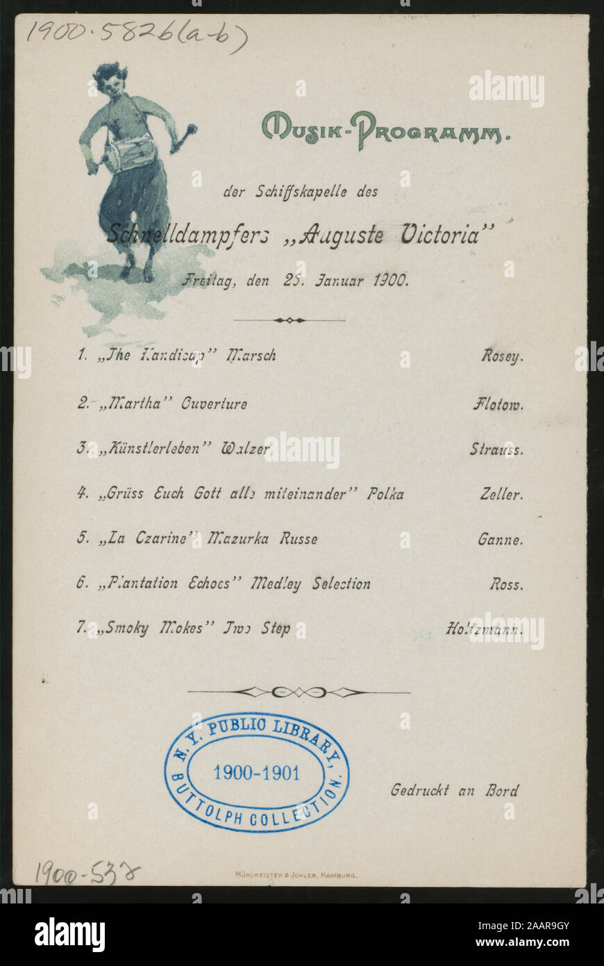 DINNER (held by) HAMBURG-AMERIKA LINIE (at) SS AUGUSTE VICTORIA (SS;) SHIPS AT SEA;SEPARATE ENGLISH AND GERMAN LISTING OF MENU;MUSICAL PROGRAM 1900-0532; DINNER [held by] HAMBURG-AMERIKA LINIE [at] SS AUGUSTE VICTORIA (SS;) Stock Photo