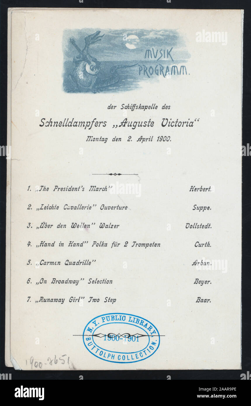 DINNER (held by) HAMBURG-AMERIKA LINIE (at) SS AUGUSTE VICTORIA (SS;) SEPARATE GERMAN AND ENGLISH MENU LISTINGS;MUSICAL PROGRAM;NUMEROUS ILLUSTRATIONS 1900-2651; DINNER [held by] HAMBURG-AMERIKA LINIE [at] SS AUGUSTE VICTORIA (SS;) Stock Photo
