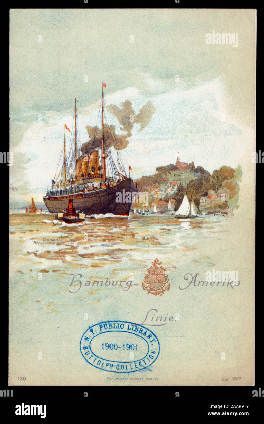 DINNER (held by) HAMBURG-AMERIKA LINIE (at) SS AUGUSTE VICTORIA (SS;) SHIPS AT HARBOR;TOWN SCENE;MENU LISTED TWICE,IN ENGLISH AND GERMAN;MUSICAL PROGRAM 1901-0764; DINNER [held by] HAMBURG-AMERIKA LINIE [at] SS AUGUSTE VICTORIA (SS;) Stock Photo